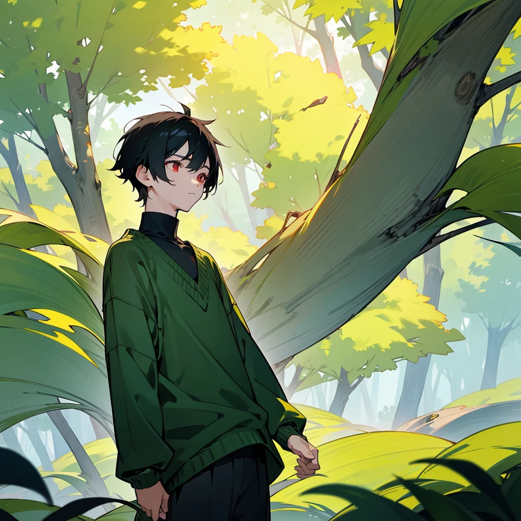 a boy, short black hair, red eyes, a green sweater, calm nature scenery, beautiful
