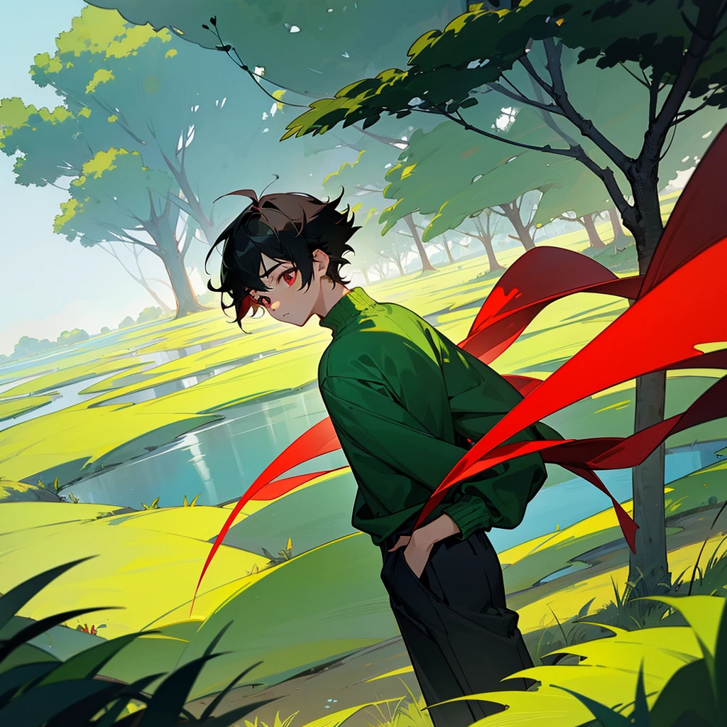 a  boy, short black hair, red eyes, a green sweater, calm nature scenery, beautiful 