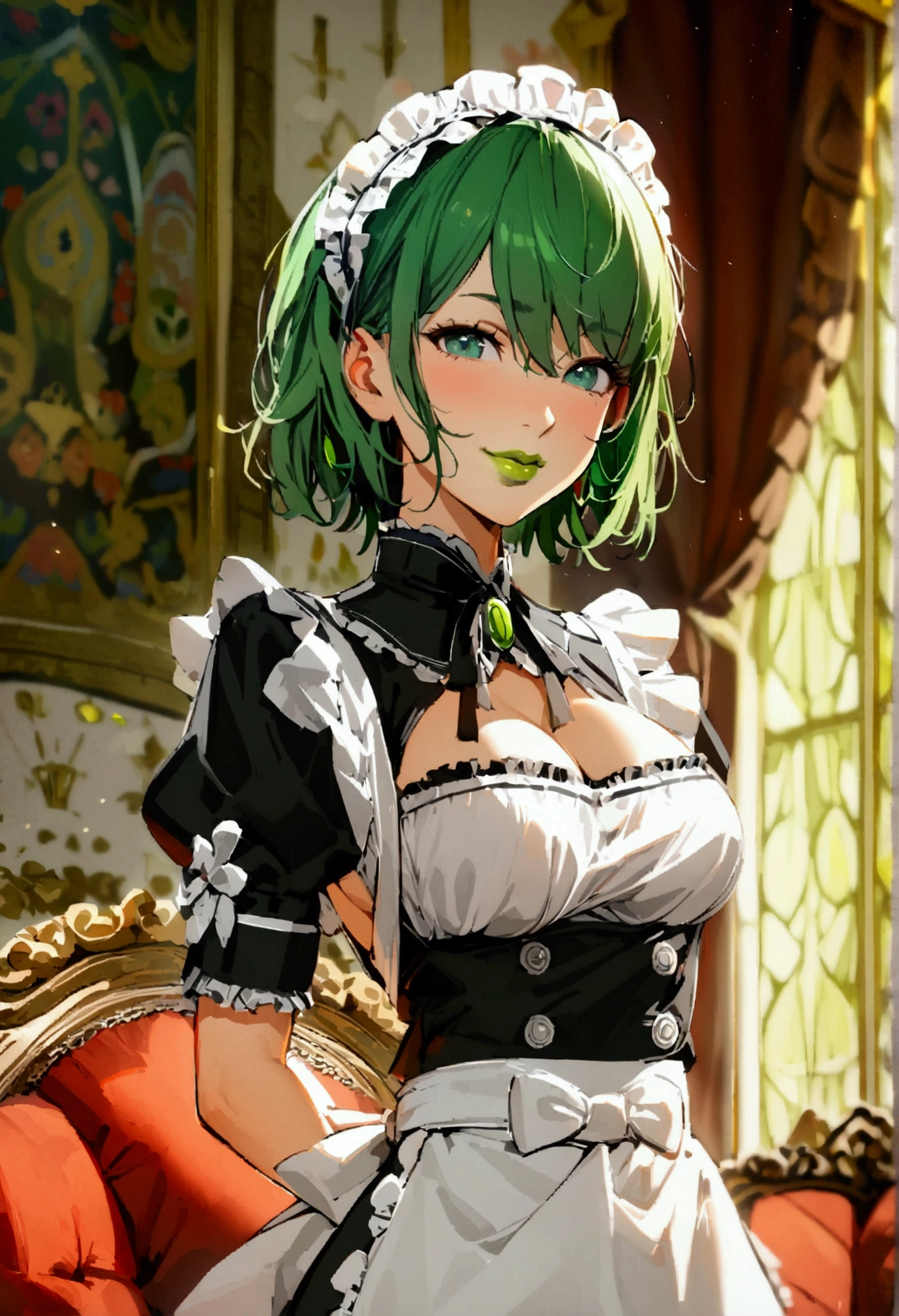 1girl with medium green hair, green eyes, green lips, maid uniform, decolletage, smiling, rich living room, indoors, young face, lusty smile, big breasts, getting up skirt, shoving panties, standing
