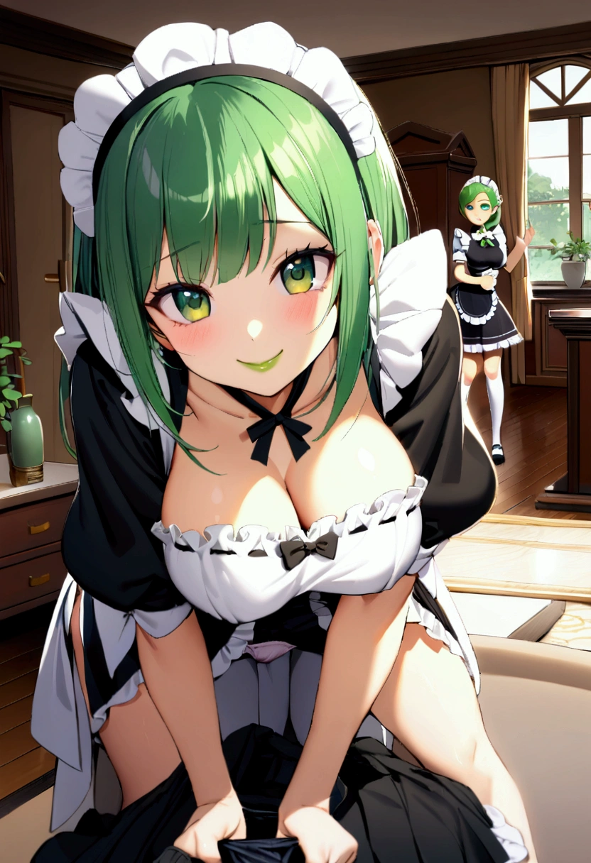 1girl with medium green hair, green eyes, green lips, maid uniform, decolletage, smiling, rich living room, indoors, young face, lusty smile, big breasts, getting up skirt, shoving panties, standing