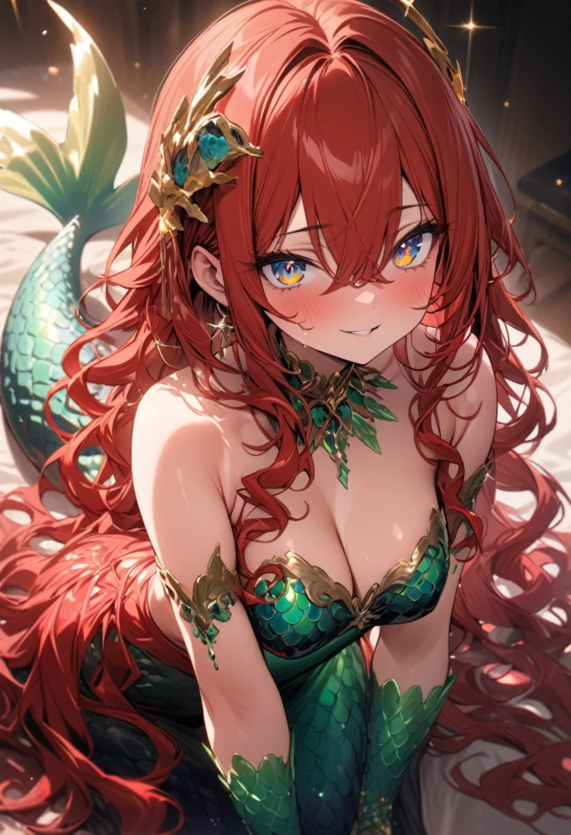 masterpiece:1.2),(best quality:1.2),(masterpiece, best quality, ultra-high resolution), (Redhead Mermaid) Long wavy hair of deep red color, large and bright eyes, clear and shiny skin, scaly fish tail in shades of green and blue with golden sparkles.