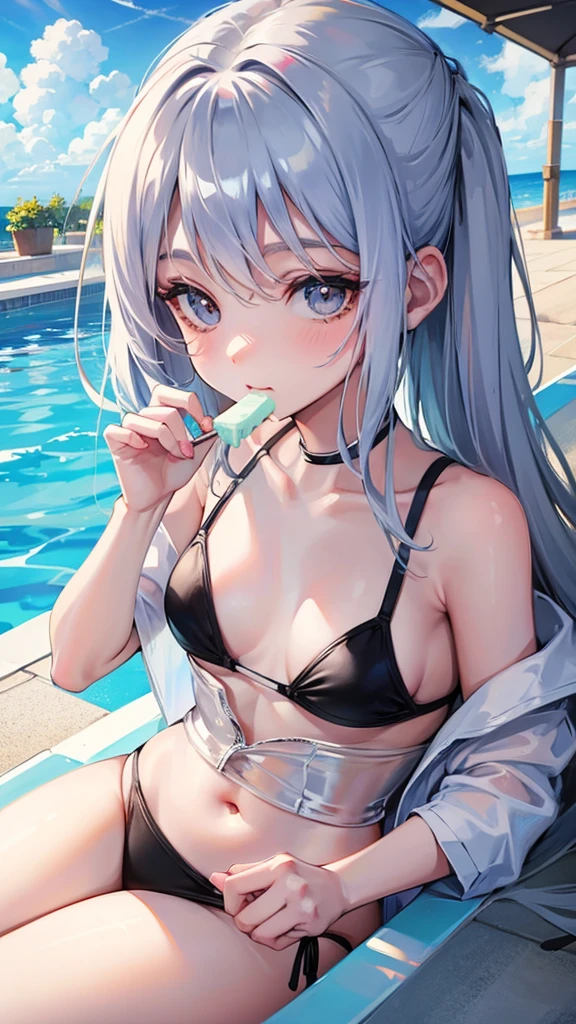 Eating ice cream by the pool Chibi character Silver hair swimsuit