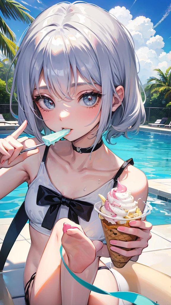 Eating ice cream by the pool Chibi character Silver hair swimsuit