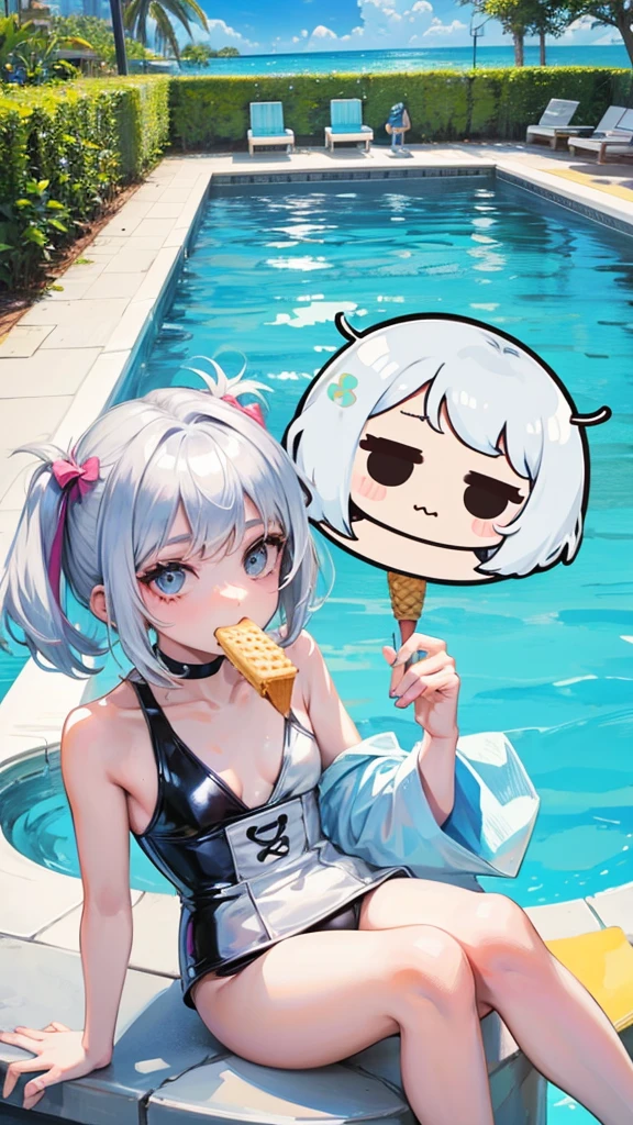 Eating ice cream by the pool　Chibi character　Silver hair swimsuit
　