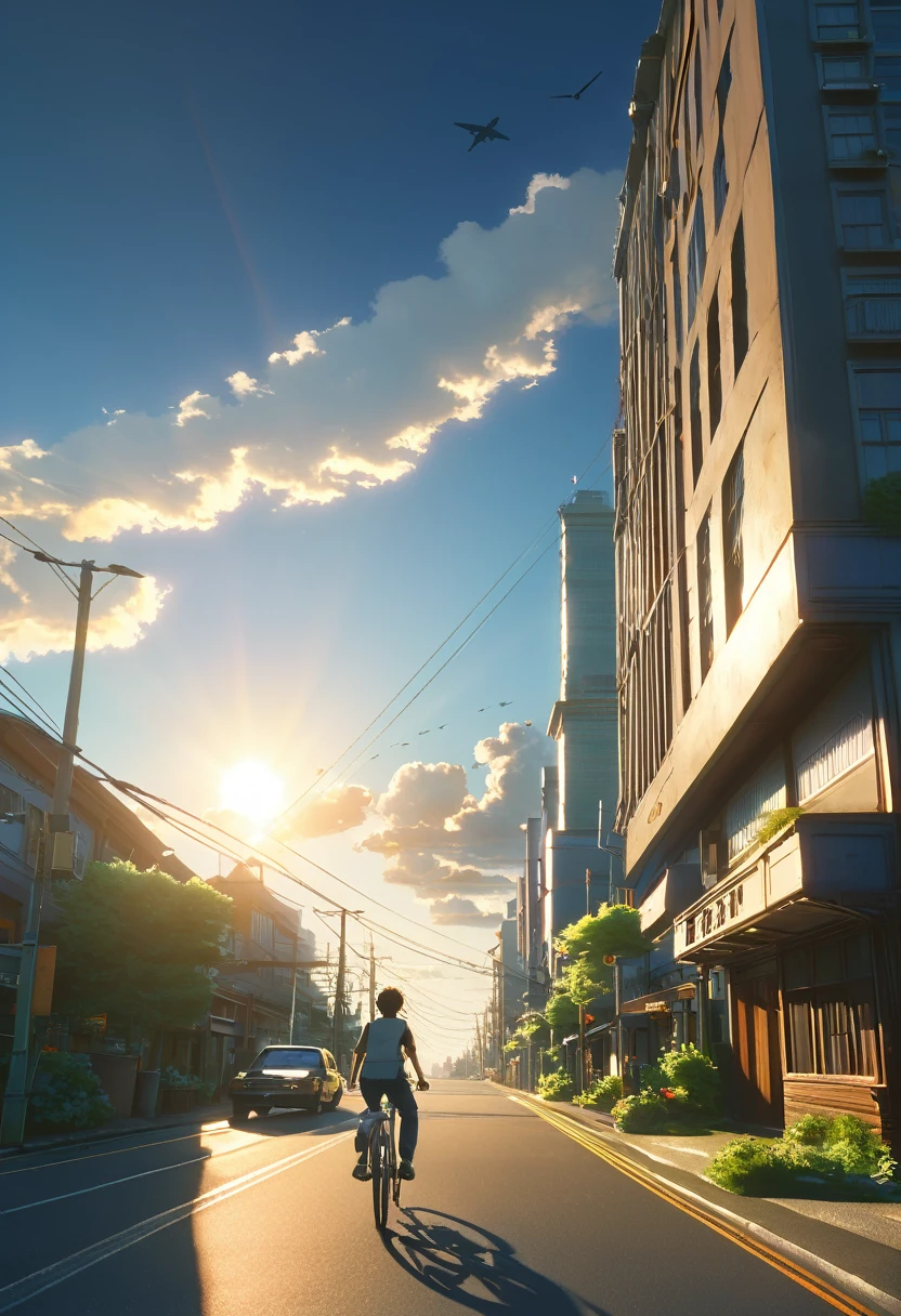 (3d:0.5,Realistic:0.5,photoRealistic:0.5),(Absurd,Super Resolution,masterpiece,Highest quality,In detail,Absurd:1.2), Dramatic Light, Dramatic lighting, Cinematic, Anime Scenery, makoto shinkai, Ghibli, Fantasy World, Magic, Beautiful sky, cloud, building, bike, Airplane trajectory, bird, Dramatic Lighting, Cinematic lighting, sunset, warm sunset, Warm sun, street, Depth of written boundary, Lens flare,