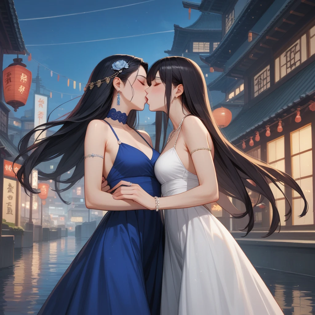 1 Japanese girl with long black hair in a blue dress, Two black-haired Japanese girls in white dresses, kiss, In the city 