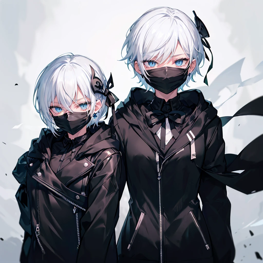 (((((Black Mask　Ready your gun?)))))　((((Black hoodie　woman))))　(((blue eyes　White Hair　Short Hair)))　((Shiny earrings black ribbon　Catch the wind))　White background　Shining Edge　Shining Background