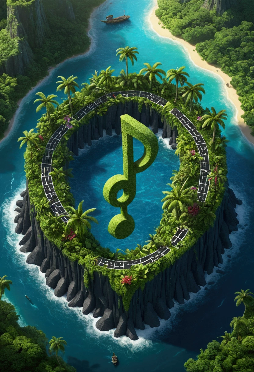 There is an island in the shape of a musical note，Fantasy island in the form of 3D musical notes in the jungle in the middle distance, Island Background, Tran Ross. Landscape background, Dark Drawing, Epic painting of the island, Isometric Game Art, Highly detailed 4k digital art, 8k high quality detailed artwork, Isometric fantasy map