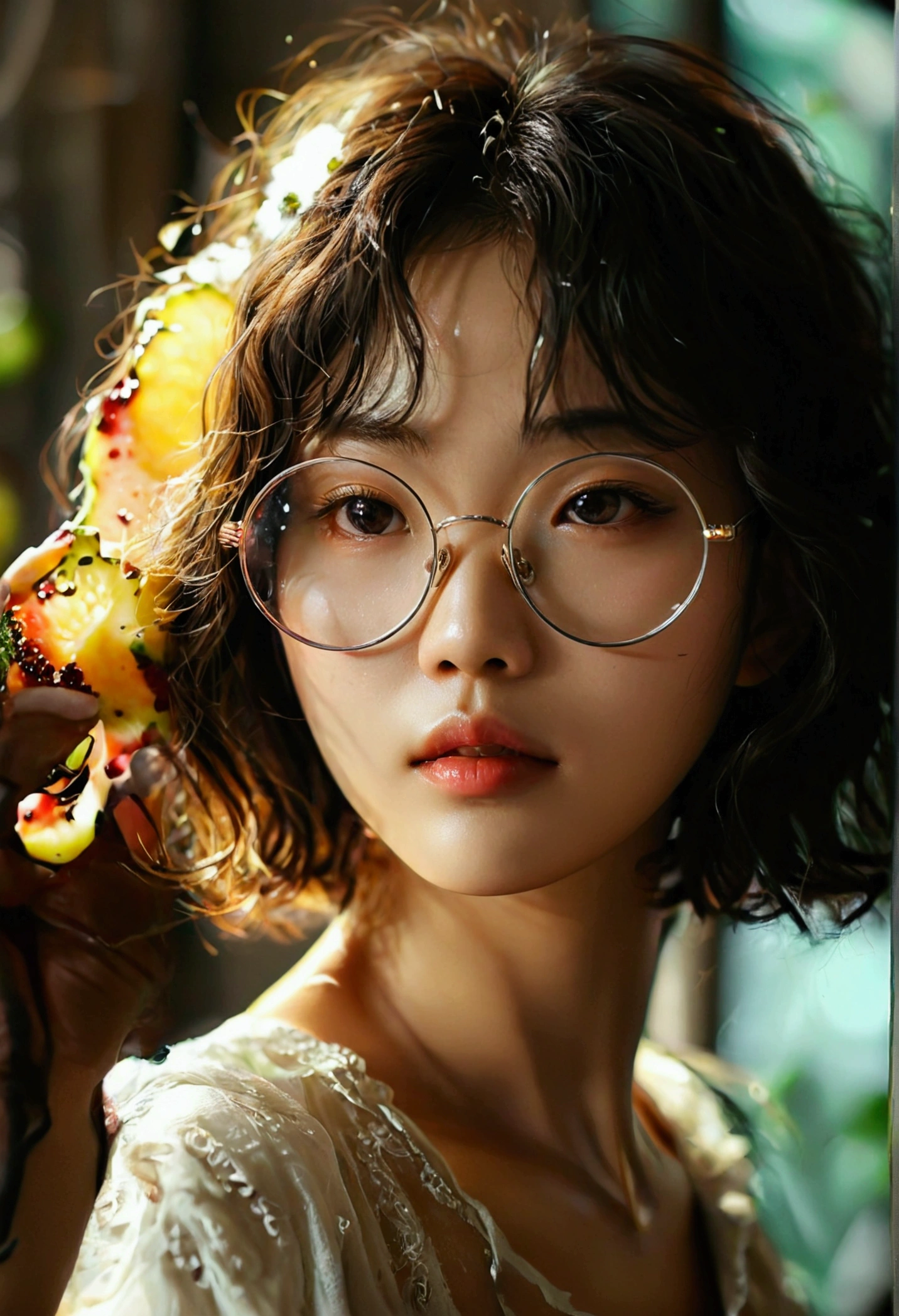 1girl, korean, short hair, wavy hair, circle glasses, in the dark,she a fruit Designer his hand fruit