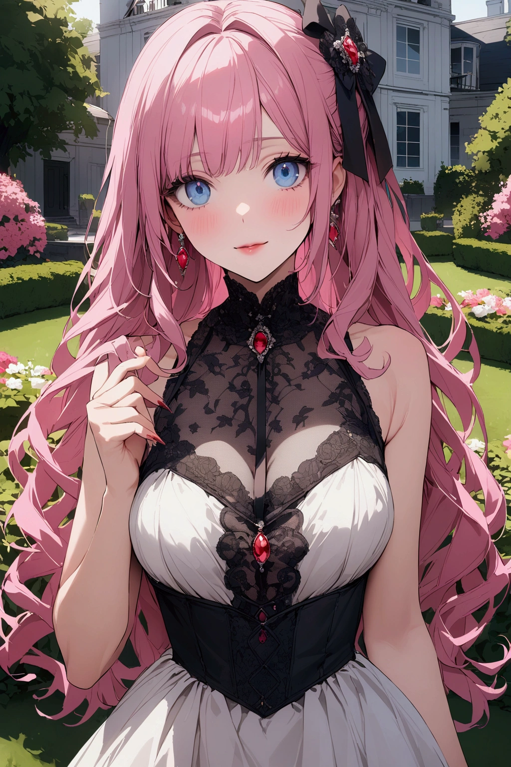 lord's mansion、Luxury Homes、Pink haired woman in the garden、blue eyes、Twin Drill