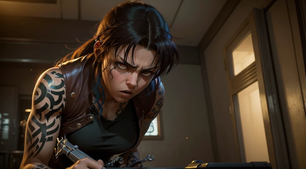 Revy from black lagoon, tattooed, wearing a black leather jacket, short ripped jeans, Her expression is serious and angry, hair is loose and messy, hair blowing around from a fan, background is neon lights illuminating the area around, The artwork is rendered in an edgy and realistic style, with high attention to detail and sharp focus. The colors are vivid and contrasted, with a slight desaturation to create a moody atmosphere. shadowy highlights enhancing the overall composition. The medium used is a digital illustration, with a touch of photo-realistic elements to add depth and texture to the image. The final result is a masterpiece in ultra-high resolution,