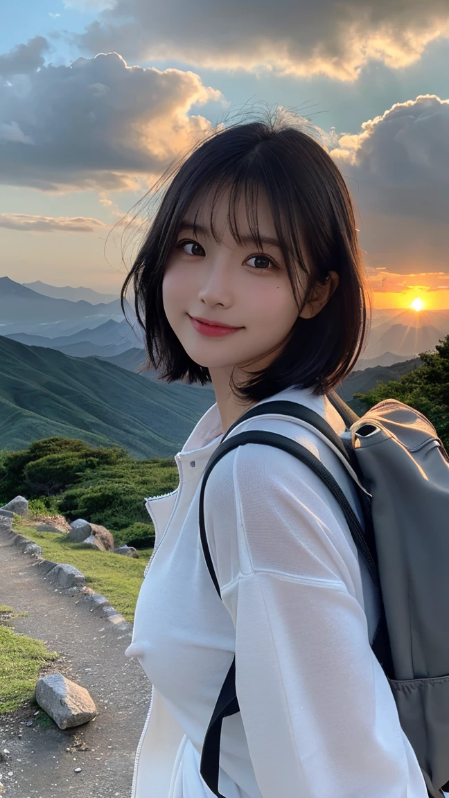 Highest quality, masterpiece, Ultra-high resolution, (Realistic:1.3), RAW Photos, (Nature landscape photography), (The summit of Mount Fuji, sea of clouds), (The top of a very big mountain), (sunset), (One Girl), (Upper Body), (29-year-old), (smile:0.9), (Shiny skin), (short hair, Dark brown hair), (Loose, Super tight white sweater), (See-through jacket), (Carry a large backpack on your back), (Ultra detailed face), (Nipple erection:1.2), (Highly detailed eyes), (Highly detailed nose), (Highly detailed mouth), (Very skilled hands), (Super-detailed body), Sony a7, 85mm lens, f9.0, Pan Focus
、(Look straight ahead、Face to face:1.3)、
