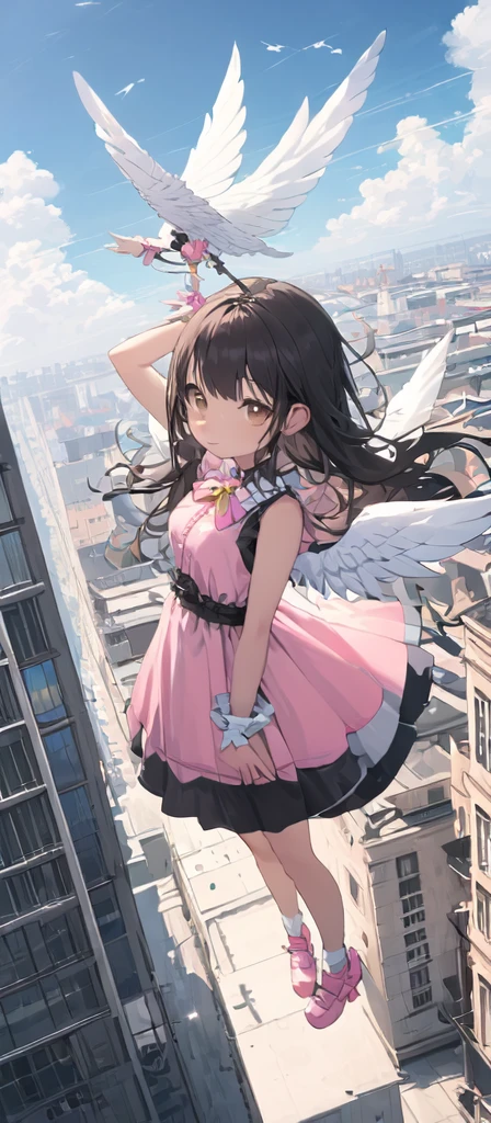 (masterpiece, best quality),from above , 1littlegirl, solo, (feathered White angel wings:1.2), yellow halo floating on top of her head,billboard, brown eyes, black hair, building, city, cloudy sky, pink sleeveless short dress,pink bow on her dress,pink sandal, flying,crane \(machine\), dutch angle, from front, light frown, looking at viewer, outdoors, 