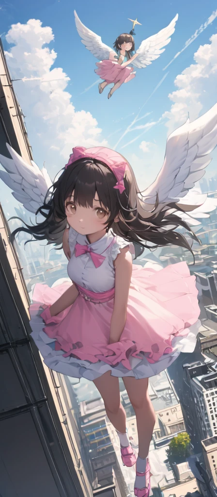 (masterpiece, best quality),from above , 1littlegirl, solo, (feathered White angel wings:1.2), yellow halo floating on top of her head,billboard, brown eyes, black hair, building, city, cloudy sky, pink sleeveless short dress,pink bow on her dress,pink sandal, flying,crane \(machine\), dutch angle, from front, light frown, looking at viewer, outdoors,