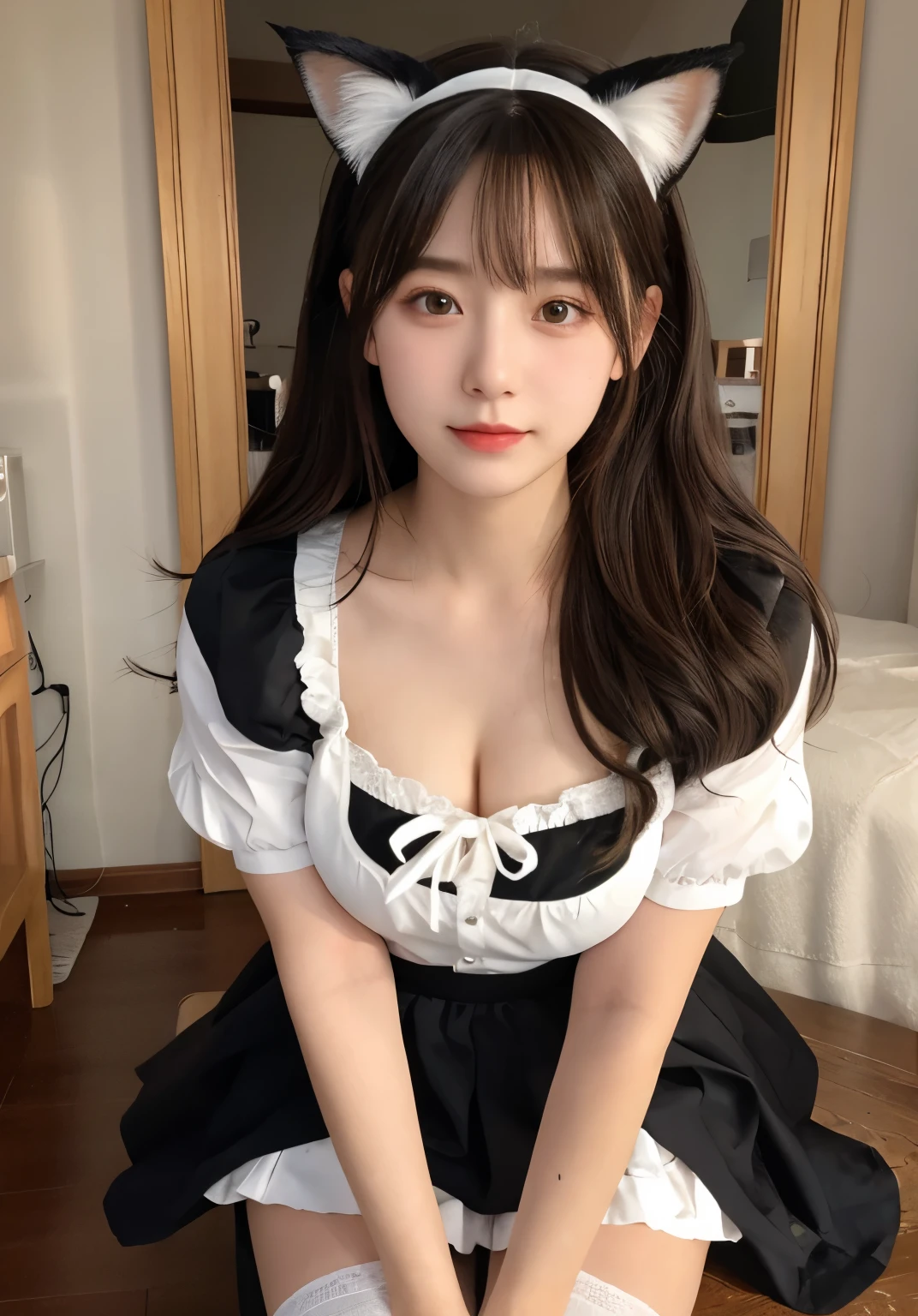 What's the big deal ，丰满的Cat ears，，livestock，Thigh width，Race，，白色maid outfit，Japanese ladies，Cute maid，Cat ears的女人，Horse harness，Kangjie，Realistically，emphasize，Top quality，masterpiece，1 girl 1 girl，curls，Pale complexion，Cat ears，Cat Eyes，Thick eyebrows，thick lips，Scar on right eye，freckle，，Small waist，Thigh width，Thigh gap，，maid outfit，，，What's the big dealboobediuml breasts，Sweating in the legs，，，best quality，masterpiece，Ultra-high resolution，（Honesty：1 girl.4 pieces），original photo，1 A girl A girl，Mature，，Light，Moody，Innocent，Smile