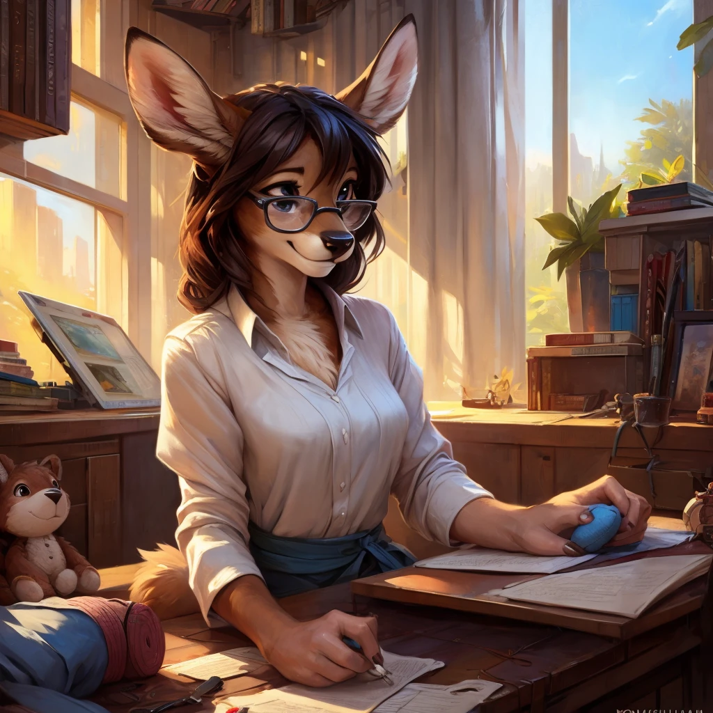 uploaded on e621, by Pixelsketcher, by Bayard Wu, by Thomas Benjamin Kennington , by Einshelm, by hioshiru and kenket, Chunie, portrait, solo anthro female deer doe, with small featureless breasts, clear dark blue, cinematic lighting, day, sunny day, Workspace, sitting at a desk, Workspace background, shiny, shoulder long curly dark brown hair, wears big black nerd glasses, very very beautiful furry art, furry art, smiling, joyful, shiny, happy, feminine, cute face, muzzle, fluffy chest, flawless face, Fallow deer, 1girl, Sakimichan is beautiful, Masterpiece, Wavethesallow Face, shiny, Detailed image, portrait, Detailed image, portrait, full body, wearing wide, long, white blouse, shiny, realistic face, perfect anatomy, hourglass body, (furry body:1.1), anthropomorphic deer, small fluffy tail, detailed background, (cute anatomy:1.1), focused on work, sewing a plushie, working on a plushie, sewing, sewing mashine, many plushies, sew, sewing, embordering, a lot of sewing clutter,
