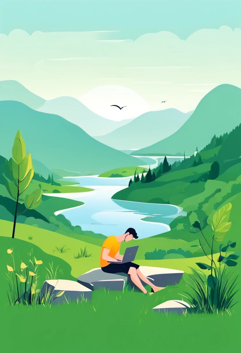 a young man working on a laptop in a nature landscape, remote work, summer, vector illustration, minimalistic art