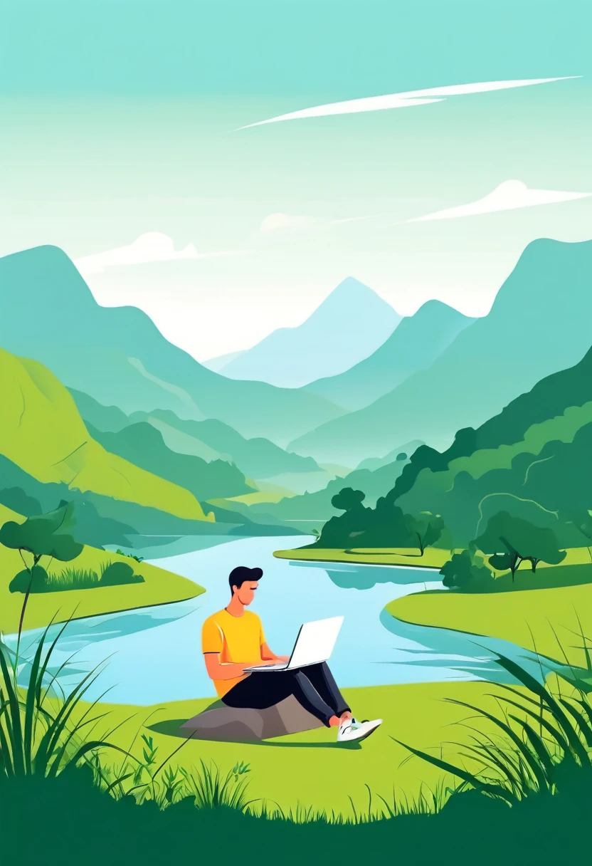 a young man working on a laptop in a nature landscape, remote work, summer, vector illustration, minimalistic art