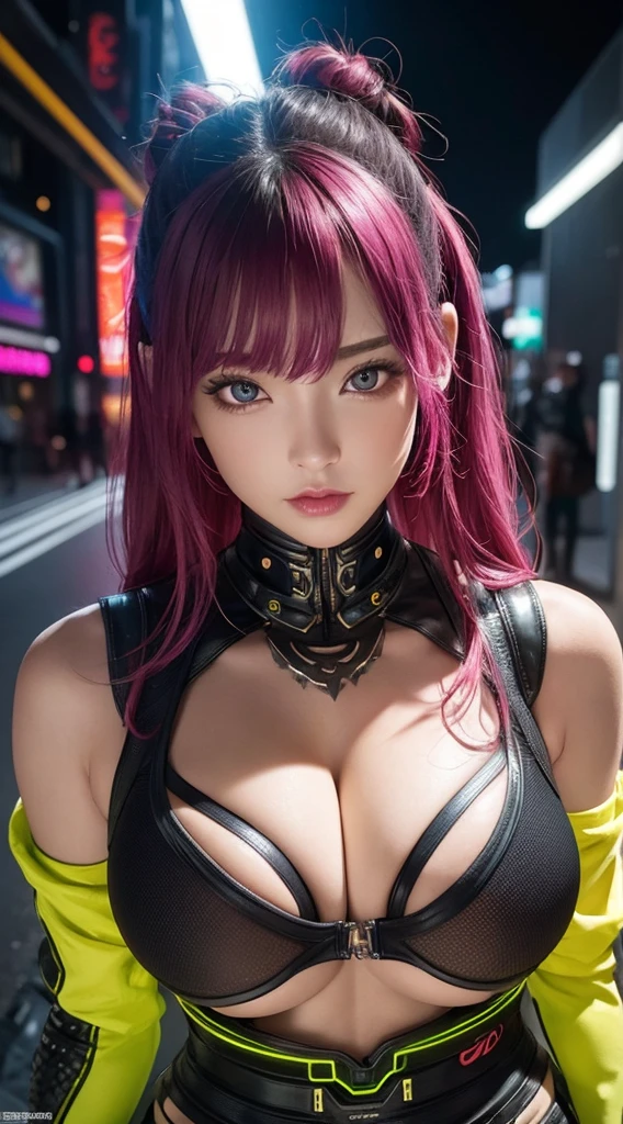 ​masterpiece, 1 beautiful girl, Detailed eye, Swollen eyes, top-quality, 超A high resolution, (reality: 1.4), Movie Lighting, very extremely beautiful, Beautiful skins, A slender, Forward-facing body, (A hyper-realistic), (hight resolution), (8K), (ighly detailed), ( Best Illustration), (beautifully detailed eyes), (Ultra-detail), Detailed face, Bright lighting, Professional Lighting、the most beautiful and sexy cyberpunk girl, rainbow colored hair, yellow eyes, wearing incredibly detailed futuristic cyberpunk battle armor, huge gigantic tits, cleavage showing, tons of tattoos and piercings, in hyper futuristic city metropolis, cherry blossoms blowing in the wind, cinematic, incredibly perfect masterpiece, high quality, high resolution