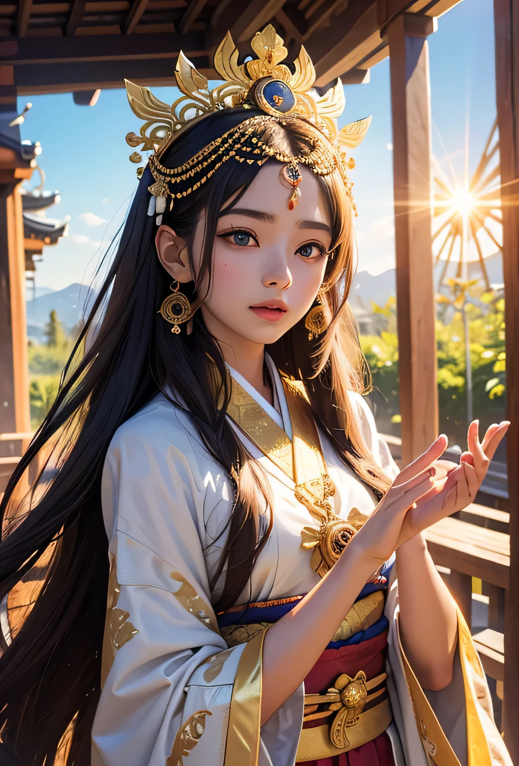 "Child of the Sun, Goddess of Love": Within a sacred sanctuary bathed in sunlight, depict the figure of a sun goddess who governs love, facing forward and emanating divine radiance. She is a , around 3 years old. Zoom in to focus on her face, with a gleaming orb of light in her hands, representing the life-giving power of the sun. Her hair is shimmering gold, and she is wearing a traditional miko outfit as seen in Japanese shrines. The background should be predominantly gold, evoking a sense of divine splendor, with numerous heart-themed objects expressing the beauty of love. The setting is in heaven, enveloped in soft, bright light, where one can find tranquility and peace of mind, free from any trace of anxiety.Straight-on.