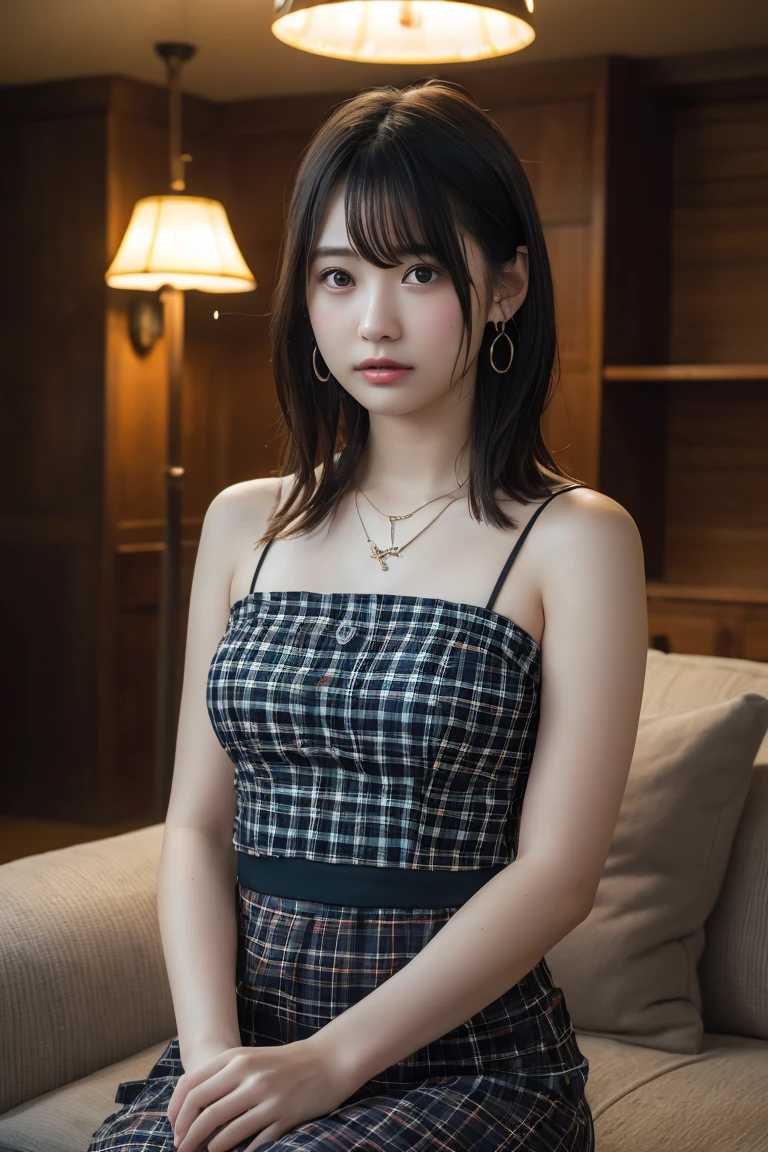 (Highest quality:1.4),(masterpiece:1.4),(Realistic:1.4),(Realistic:1.2),(超High resolution, RAW Photos:1.4),(High resolution, Ultra-detailed:1.2),(8K:1.2),View your viewers,Cinematic photography,One girl,skeletally correct,Black-haired woman,(Small earrings,necklace,Checkered tube top dress,Beautiful body lines,View from the front),(Western-style building interior,Dimly lit room,The lamplight shines on my cheeks,Sit on the sofa)