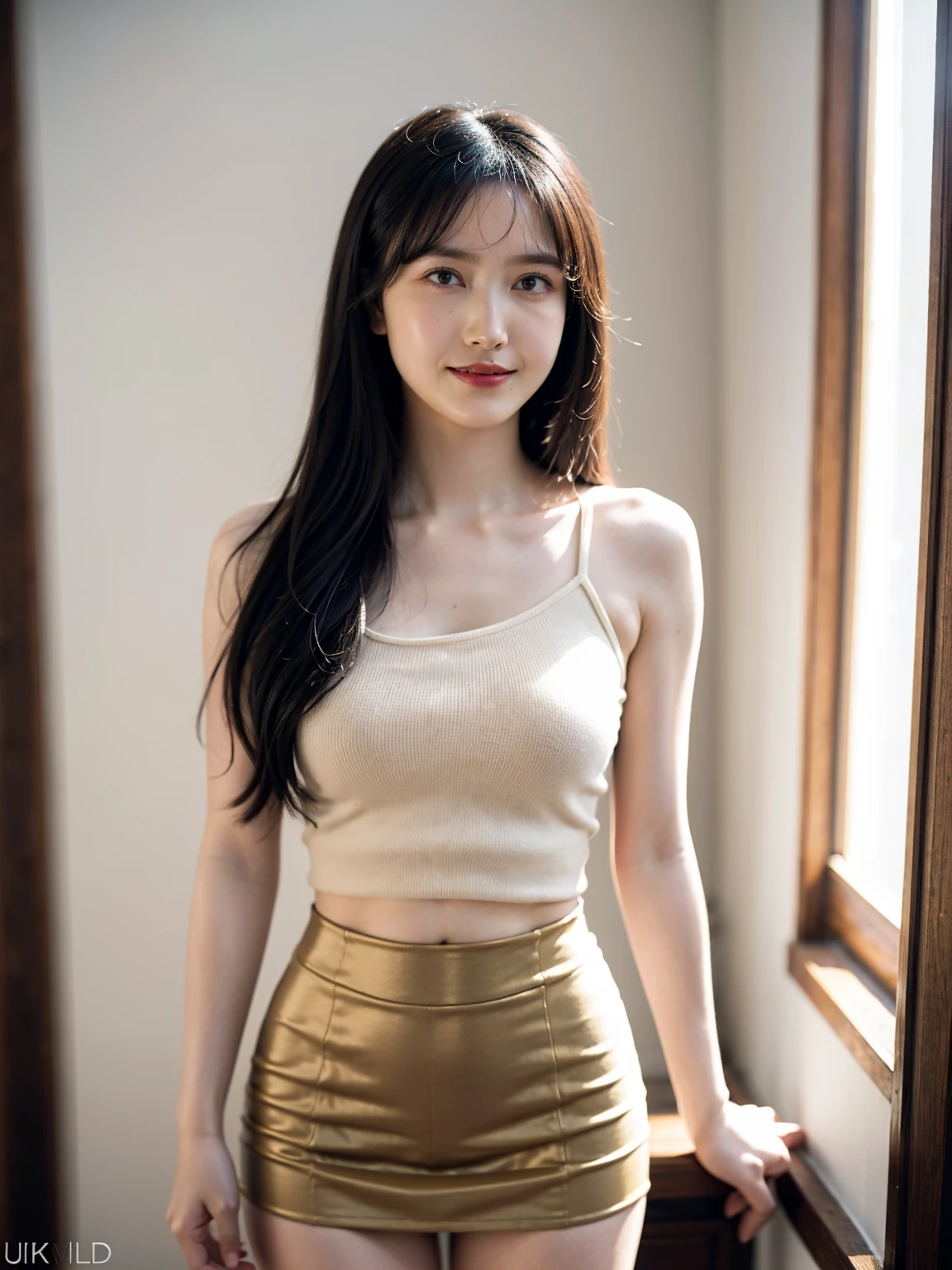 1girl, woman, masterpiece, best quality, highest quality, cinematic lighting, (volumetric lighting), extremely detailed CG unity 8k wallpaper, focused, 8k wallpaper, extremely detailed, ultra realistic, photorealistic, sharp focus, absurdres, (HDR:1.2), (high contrast), photograph, detailed and intricate, instagram, portrait, highly detailed, digital painting, artstation, concept art, smooth, sharp focus, illustration, cinematic lighting, (golden ratio of breast size), ((medium shoulder)), (skinny legs), (slender body), (height 163cm), (HQ skin:1.4), (knit strap tanktop, very short skirts), (show thighs), ((long hair)), (hips shot, hip level shot), medium shot, ((eyes looking at viewer)), smile.