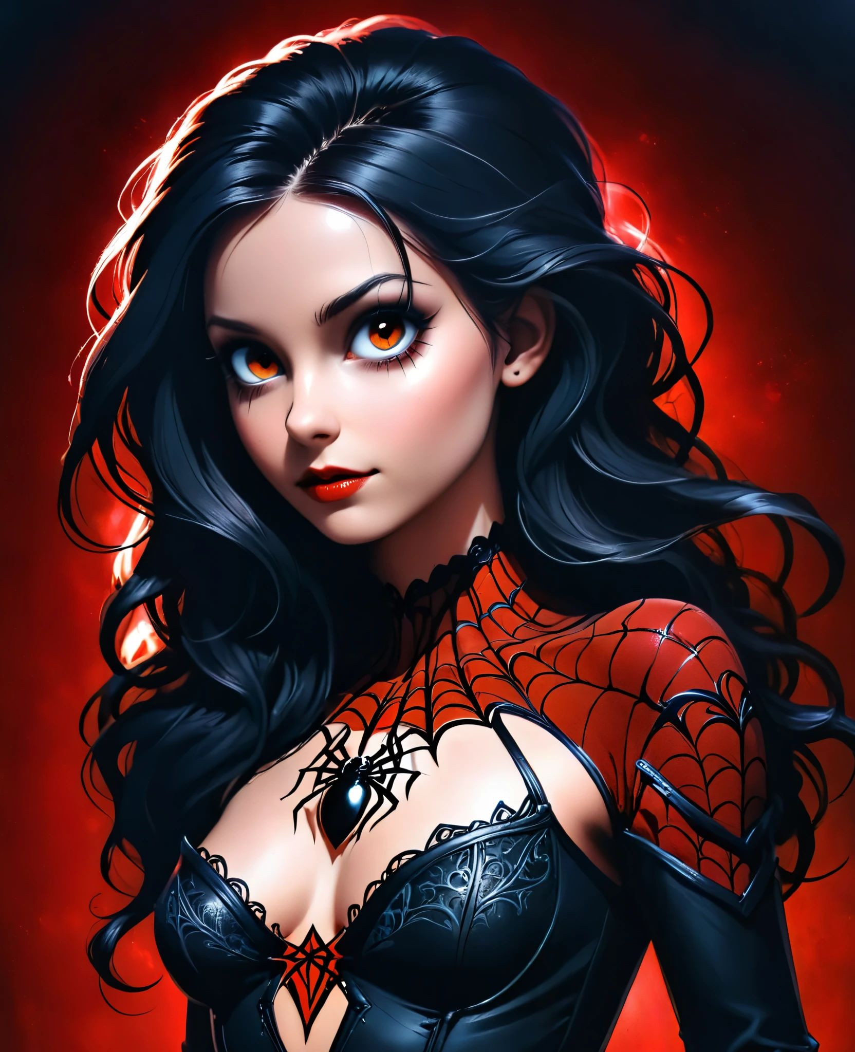 (Realistic:1.5), (((editorial photography))), (((extremely detailed))), ((masterpiece)), (gorgeous gothic woman in black red spider's web), dramatic lighting, (cinematic light:1.1), full body, (cute sexy:0.8), (cute face:1.2), Pleasure, faded colours, depth of field, 35 mm, analog photo style, gothic background, red splash particles with small luminism, spiders around, sunset, red dawn, dark atmosphere, medieval, intricate hair, inricate small details, (pale skin), hair ornament, long black hair, (fantasy world), (textured skin:1.4)
