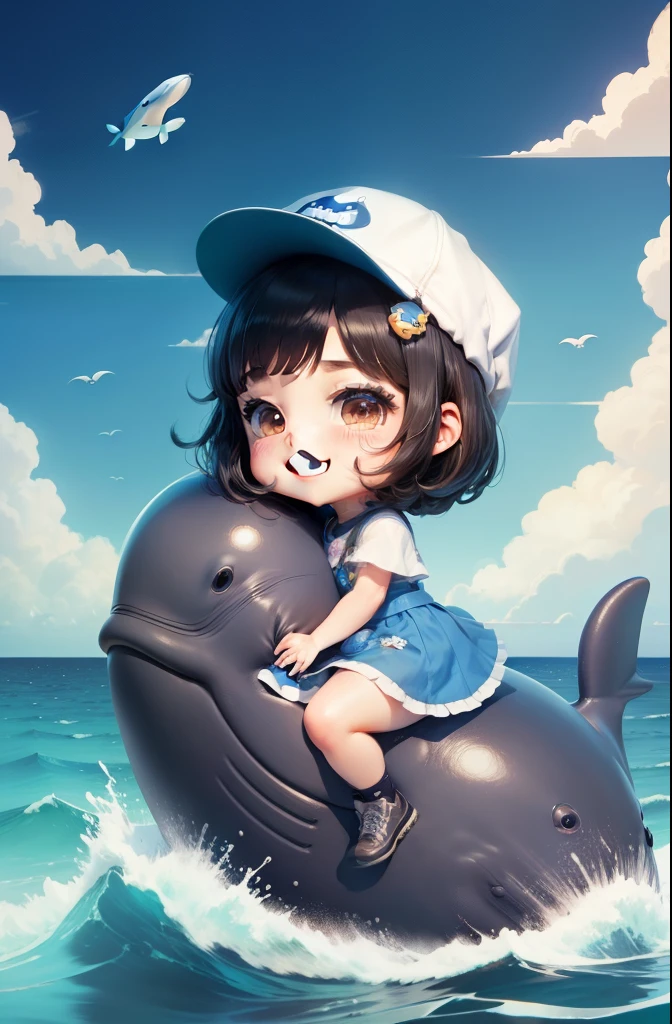 High quality,Masterpiece, Chibi, Nerdrooid, Mega Mini, hat ,cute whale, blue dress, have dark hair, Bob hairstyle, metal, Okinawa style, sitting on a whale, hibiscus, full body, Sitting, smiling, laughing, happy