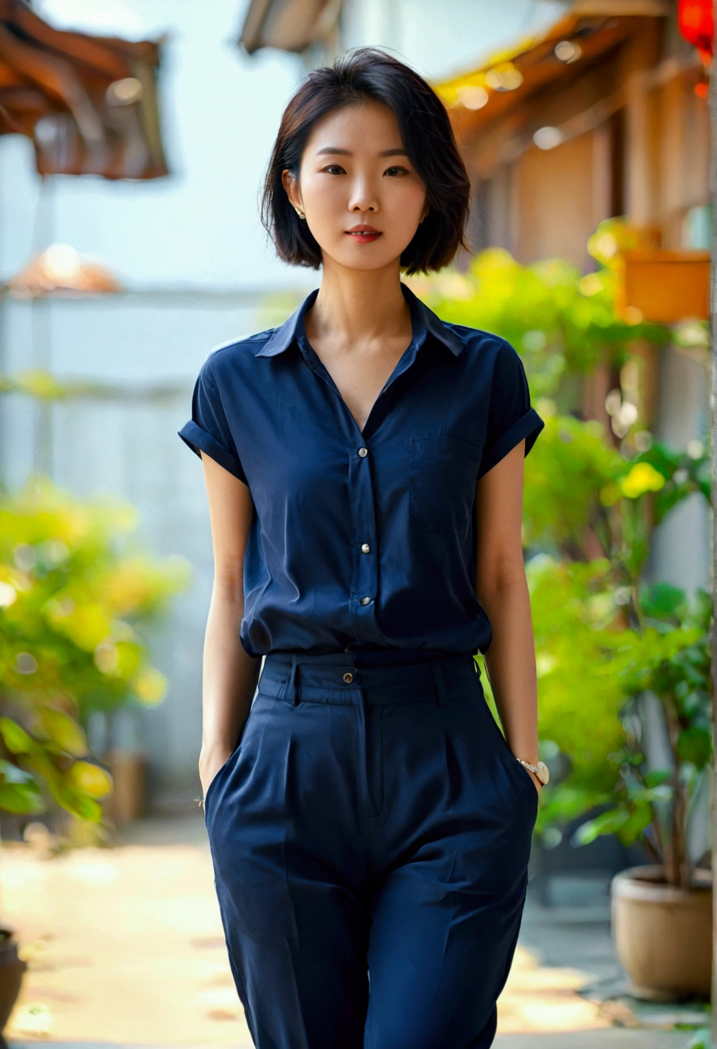 asian woman, short hair, Navy blue short-sleeved, loose-fitting shirt., Navy blue, long, straight-leg pants., white sneakers, full body image