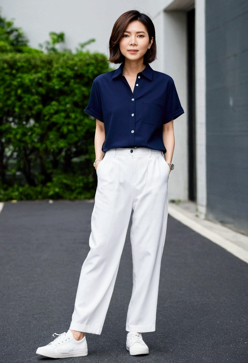 asian woman, short hair, Navy blue short-sleeved, loose-fitting shirt., Navy blue, long, straight-leg pants., white sneakers, full body image