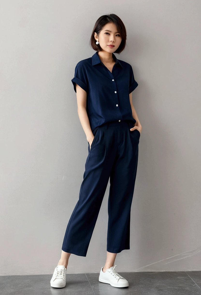 asian woman, short hair, Navy blue short-sleeved, loose-fitting shirt., Navy blue, long, straight-leg pants., white sneakers, full body image