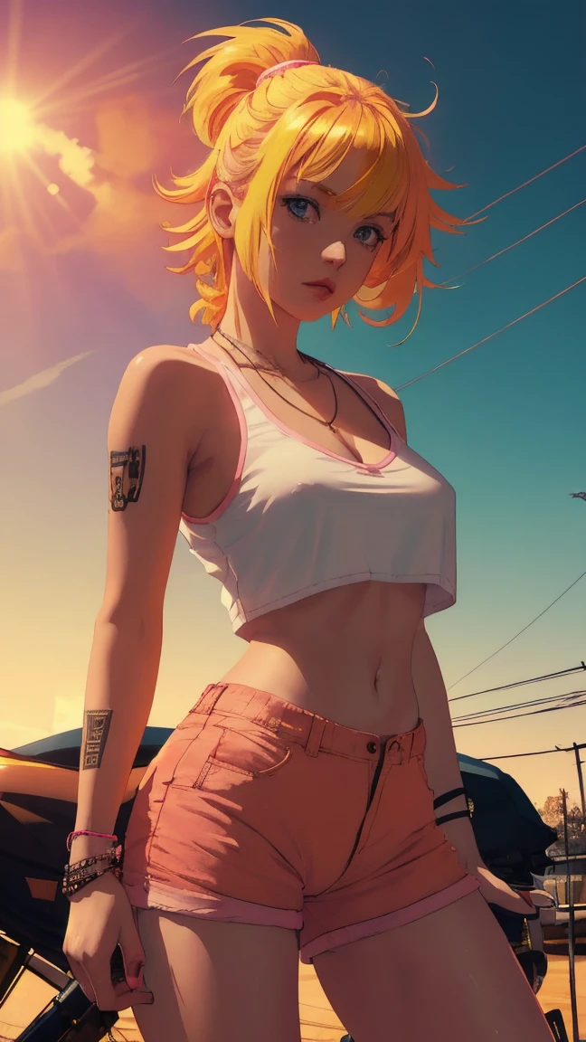 a woman stoya-30000 in a white top and pink shorts is standing next to a bike with a yellow background and, by Quentin Tarantino, 1girl, bracelet, ((raven colored hair)), jewelry, letterboxed, lips, long_hair, makeup, medium_breasts, midriff, nail_polish, navel, necklace, nose, orange_sky, pink_shorts, realistic, shorts, solo, sun, sunset, tattoo,wristband, yellow_background, yellow_sky, beautiful detailed glow, detailed, Cinematic light, intricate detail, highres, detailed facial features, high detail, sharp focus, smooth, aesthetic, extremely detailed, stamp, octane render,