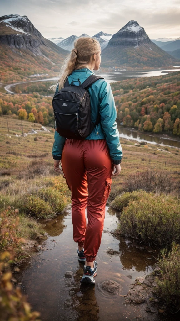 Naturescape photography; mountain climbing; Full body view; (1woman:0.5, solo), (slender body), (Small breasts) , (soaking wet red wind jacket ,tight cargo satin Pants, terrain running shoes, big rucksack), standing on a mountain peak, Rough track, boulders , (long yellow hair), (nordic girl, 15-year-old, ultra delicate face, ultra Beautiful face, ultra delicate eyes, ultra detailed nose, ultra detailed mouth, ultra detailed facial features, natural skin, blemishes, blue eyes), (breasts are small: 0.5) (face is shiny:0.8), (natural skin:1 m, (Spectacular autumn rain, mountain views, with rugged Norwegian mountain ranges in the distance ), (Highest Quality, hyper-realistic:1.3, Super dense, very detailed illustration, Best image quality, very detailed illustration) natural skin, blemishes, detail skin texture, full body pose, natural skin poors, (((shot straight from the behind ))) she is uncomfortable and cold, afraid, sexy Ass, candid Ass,