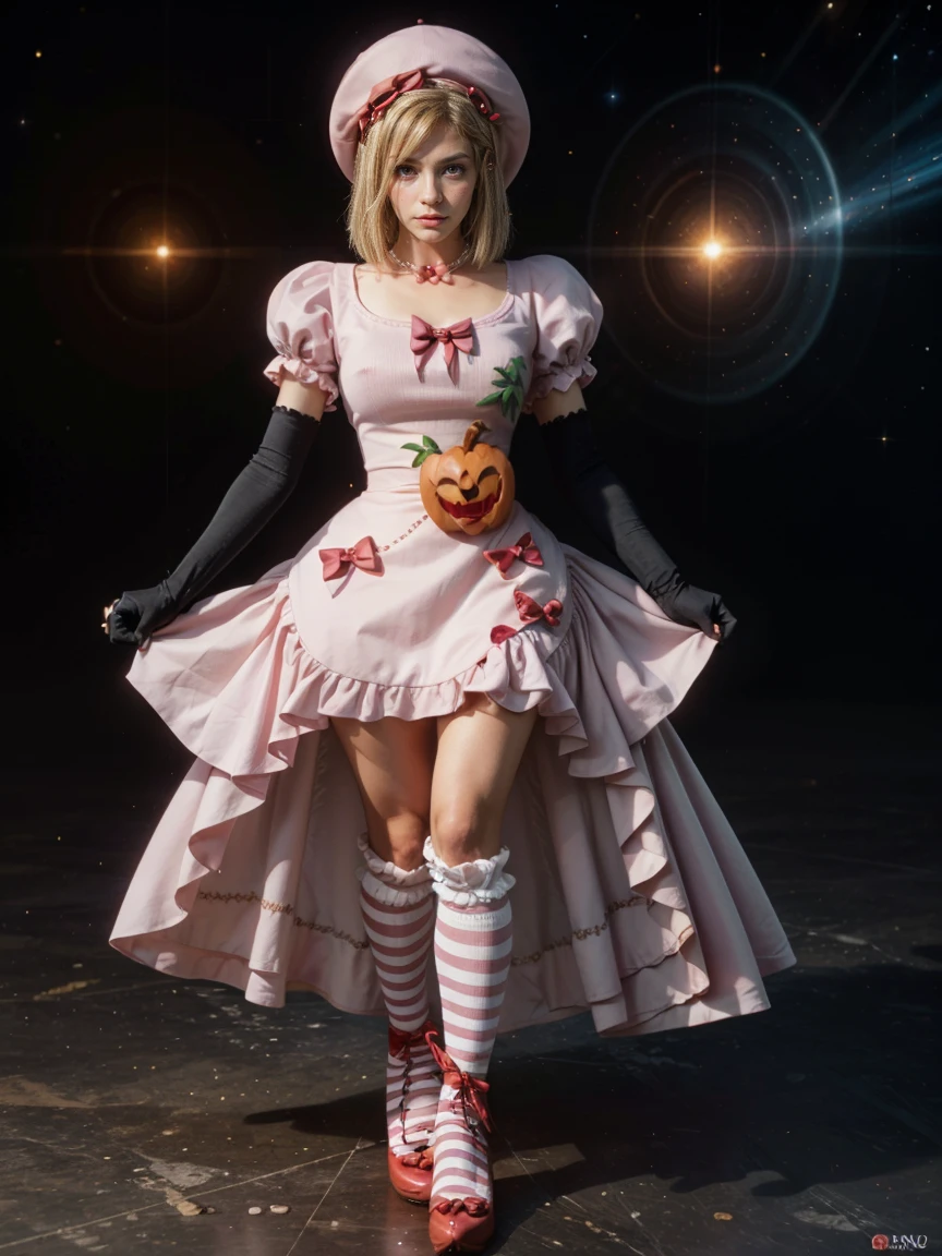 (1 lady), The beautiful, (Best quality at best:1.4), (ultra - detailed), (extremely detailed CG unified 16k), gold blonde hair, very detailed, High-definition RAW color photo, professional photoshooting, amazing face and eyes, cosmetics, (amazingly beautiful girl), ((lambdadelta, taller, tall woman)), ((dress, shoes bow, red shoes, striped stockings, red bow, pink hat, necklace, gloves, pearl, pumpkin brooch, pink dress)), levitating in a cute posture (floating in the air), (She's levitating in a cosmic sea, outer space:1.3, quantum hyperspace room lacking walls, hyperspace chamber, extremely detailed background, a lot of details background, realistic background), (look from above), realistic cinematic face, head to feet long wide zoomed out view, full body long view, photorealistic, ((realistic natural blonde hair style, red eyes)), gorgeous, extremely beautiful face, perfect model beauty, pout mouth, Highly Detailed Face and Skin Texture, Detailed Eyes, Double Eyelids, Big Breasts, Persistent Stare, Faith Trance, (mystical stare, looking eternity), (masterpiece), best quality, high resolution, depth of field, cinematic lighting, amazing legs, pink combat boots, clear and well-cared skin