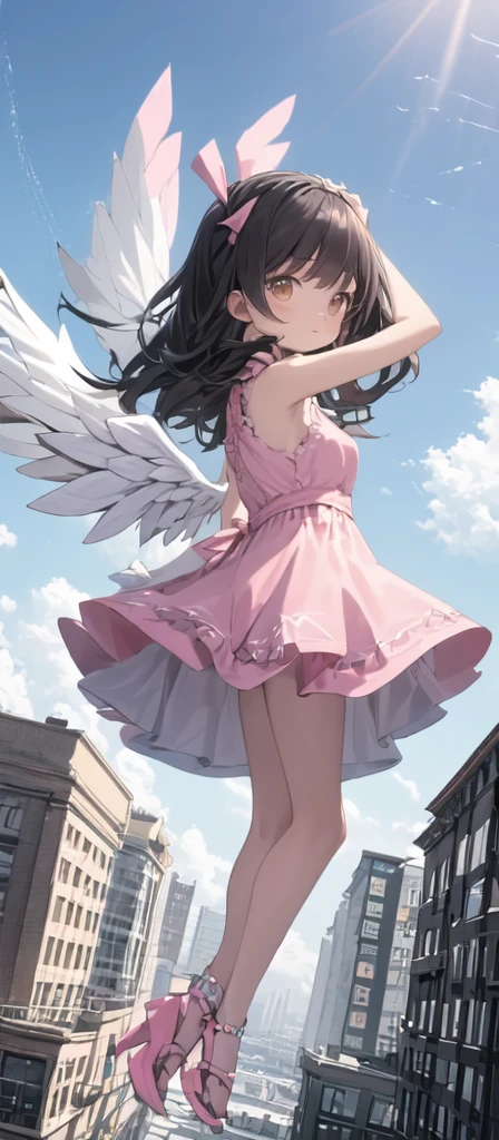 (masterpiece, best quality),from above , 1 little angel girl, solo, (feathered White angel wings:1.2), yellow halo floating on top of her head,billboard, brown eyes, black hair, building, city, cloudy sky, pink sleeveless short dress,pink bow on her dress,pink sandal, flying,crane \(machine\), dutch angle, from front, light frown, looking at viewer, outdoors,