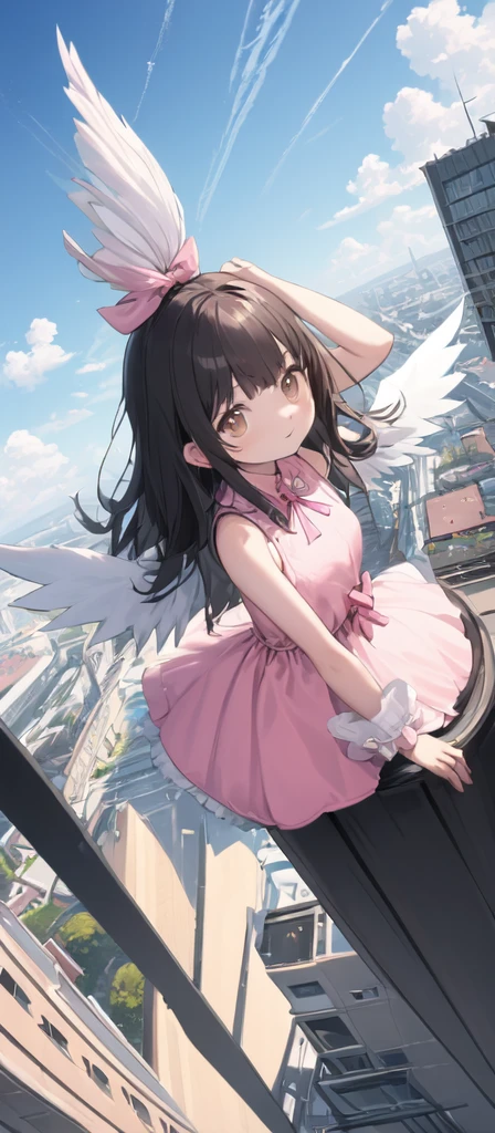 (masterpiece, best quality),from above , 1 little angel girl, solo, (feathered White angel wings:1.2), yellow halo floating on top of her head,billboard, brown eyes, black hair, building, city, cloudy sky, pink sleeveless short dress,pink bow on her dress,pink sandal, flying,crane \(machine\), dutch angle, from front, light frown, looking at viewer, outdoors, 