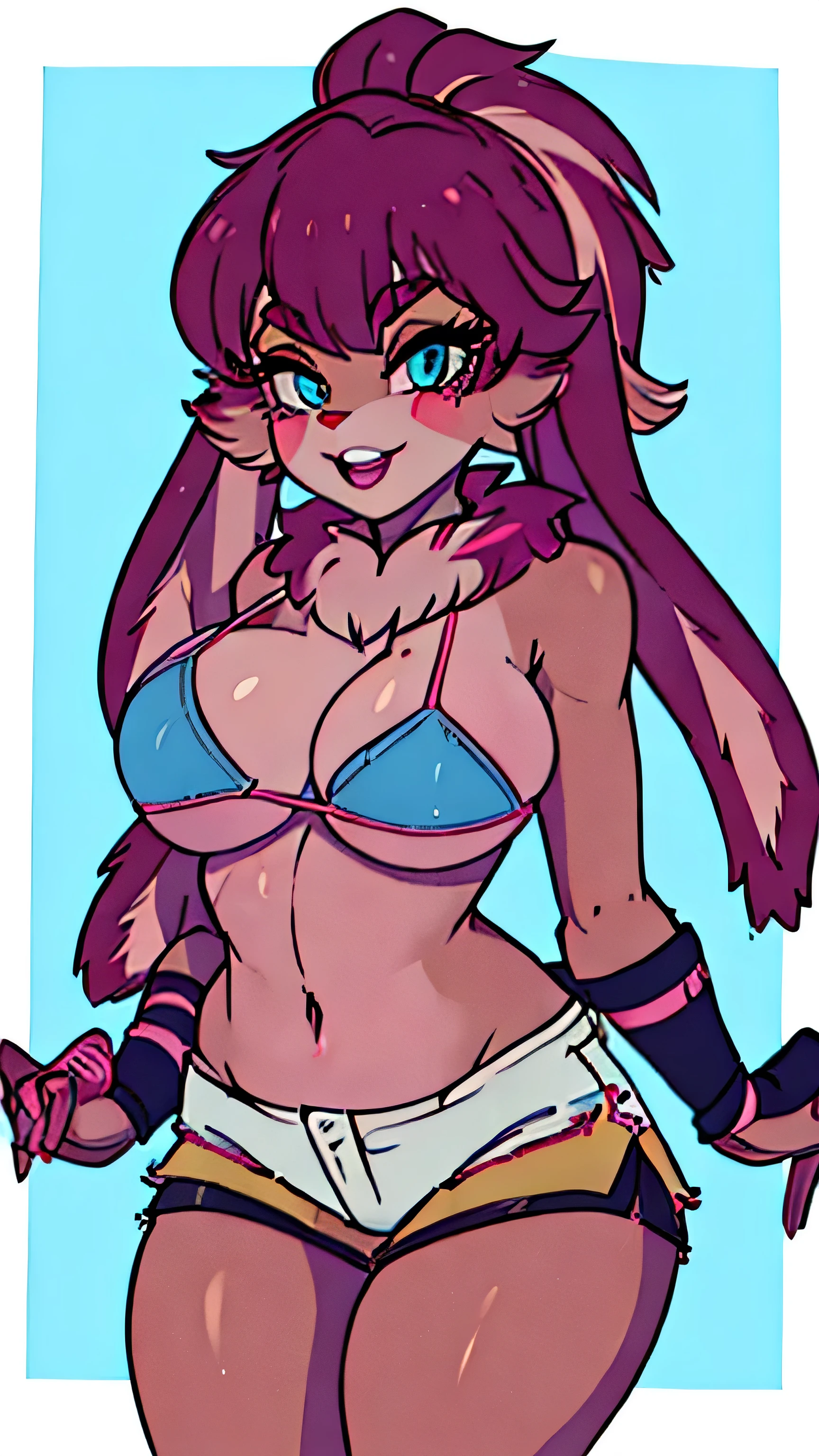 lop, , mascara, pink eyeliner, lipstick, blue bra bikini top, denim shorts, fur coat