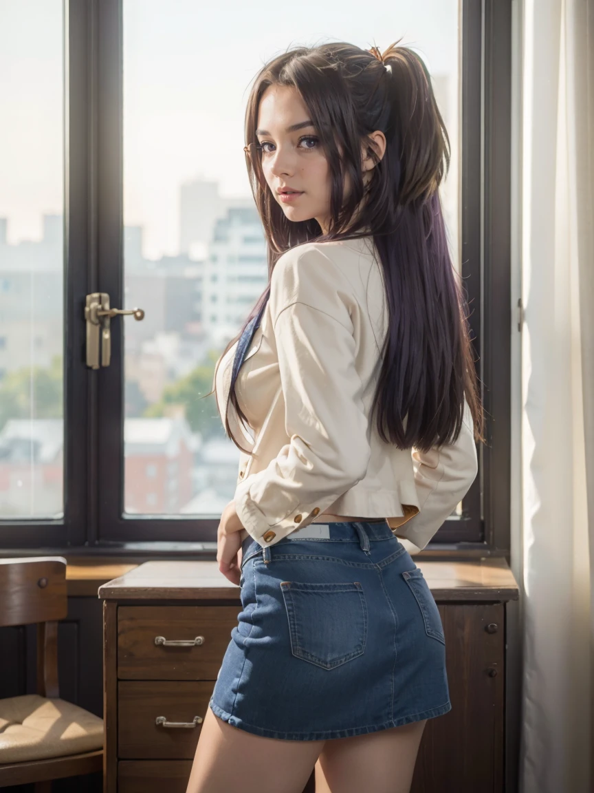 (1 lady), (Best quality at best:1.4), (ultra - detailed), (extremely detailed CG unified 16k), A Beautiful Woman with Perfect Figure: 1.4, Sharp Focus: 1.2, very detailed, High-definition RAW color photo, professional photoshooting, amazing face and eyes, (amazingly beautiful girl), ((masterpiece)), realistic cinematic face, head to feet long wide zoomed out view, full body long view, photorealistic, ((highres)), ((detailed background)), sunset orange sky through window, (ichinose kotomi, reading glasses), gorgeous, extremely beautiful face, perfect model beauty, Highly Detailed Face and Skin Texture, Detailed Eyes, Double Eyelids, ((clothing: blue jean skirt, blazer)), ((realistic natural purple hair style, purple eyes, long hair, hair ornaments)) tarankaaa, not Dasha Taran, library background, extremely detailed, blurred background, depth of field, cinematic lighting, amazing legs, high heels, clear and well-cared skin, athletic, big proportions body, from behind, round ass, big ass,