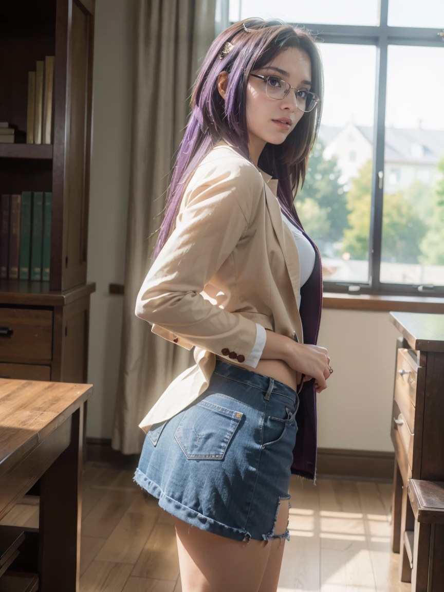 (1 lady), (Best quality at best:1.4), (ultra - detailed), (extremely detailed CG unified 16k), A Beautiful Woman with Perfect Figure: 1.4, Sharp Focus: 1.2, very detailed, High-definition RAW color photo, professional photoshooting, amazing face and eyes, (amazingly beautiful girl), ((masterpiece)), realistic cinematic face, head to feet long wide zoomed out view, full body long view, photorealistic, ((highres)), ((detailed background)), sunset orange sky through window, (ichinose kotomi, reading glasses), gorgeous, extremely beautiful face, perfect model beauty, Highly Detailed Face and Skin Texture, Detailed Eyes, Double Eyelids, ((clothing: blue jean skirt, blazer)), ((realistic natural purple hair style, purple eyes, long hair, hair ornaments)) tarankaaa, not Dasha Taran, library background, extremely detailed, blurred background, depth of field, cinematic lighting, amazing legs, high heels, clear and well-cared skin, athletic, big proportions body, from behind, round ass, big ass,