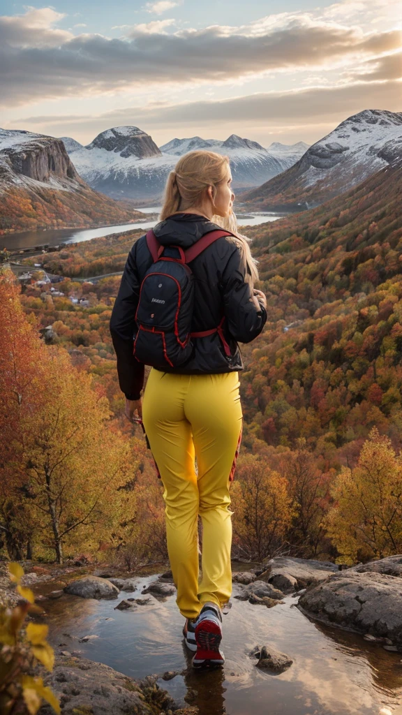 Naturescape photography; mountain climbing; Full body view; (1woman:0.5, solo), (slender body), (Small breasts) , (soaking wet red wind jacket ,tight cargo satin Pants, terrain running shoes, big rucksack), standing on a mountain peak, Rough track, boulders , (long yellow hair), (German girl, 26-year-old, ultra delicate face, ultra Beautiful face, ultra delicate eyes, ultra detailed nose, ultra detailed mouth, ultra detailed facial features, natural skin, blemishes, blue eyes), (breasts are small: 0.5) (face is shiny:0.8), (natural skin:1  m, (Spectacular autumn rain, mountain views, with rugged Norwegian mountain ranges in the distance ), (Highest Quality, hyper-realistic:1.3, Super dense, very detailed illustration, Best image quality, very detailed illustration) natural skin, blemishes, detail skin texture, full body pose, natural skin poors, (((shot straight from the behind ))) she is uncomfortable and cold, afraid, sexy Ass, candid Ass,