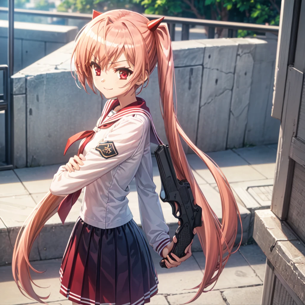 (((Pixel Perfect, Perfect in every detail))), uniform，smile，Sailor suit，uniformにリボン，Standing posture，alone, One girl, Aria Holmes Kanzaki , Have a gun in your hand，View your viewers, Mouth closed, Arms crossed