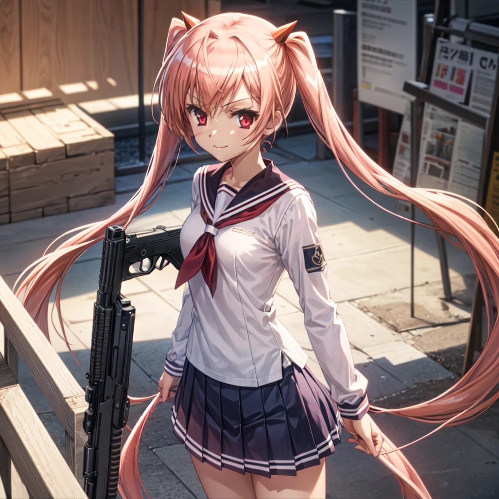 (((Pixel Perfect, Perfect in every detail))), uniform，smile，Sailor suit，uniformにリボン，Standing posture，alone, One girl, Aria Holmes Kanzaki , Have a gun in your hand，View your viewers, Mouth closed, Arms crossed