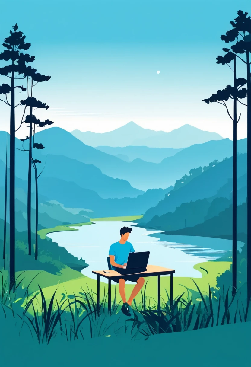 a young man working on a laptop in a nature landscape, remote work, summer, vector illustration, minimalistic art, blue t-shirt