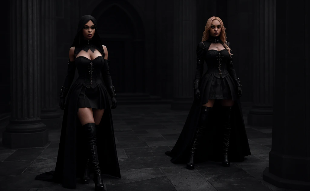 (DV_Tyra_Vicious:0.99), ((standing)), ((looking at camera)), black fetish colar, high_neck_gothic_dress, gothic skirt ,overknee boots, gloves, tomb at night, (masterpiece, extremely detailed skin, photorealistic, heavy shadow, dramatic and cinematic lighting, key light, fill light),