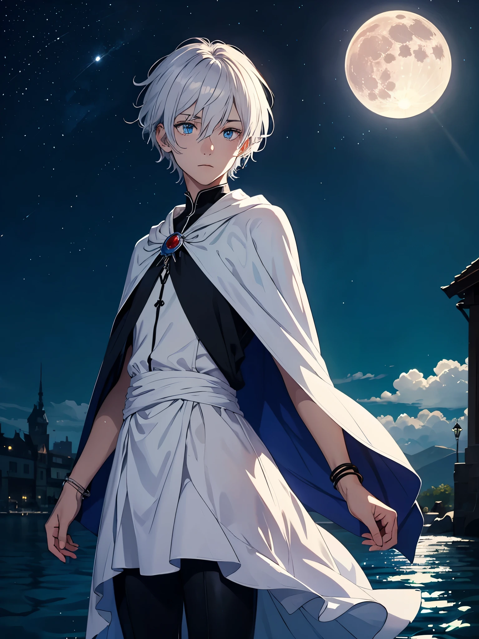 Lange haare mehr anime. aquatic, boy, Goddess of the Moon, silver hair accessories, White hair, White dress, cape, at night, saturated colors, light eyes, bright, light blue light, blue eyes, Jewelry silver, bluish light, Full moon in the background, aquatic in der Luft rosa kerzen