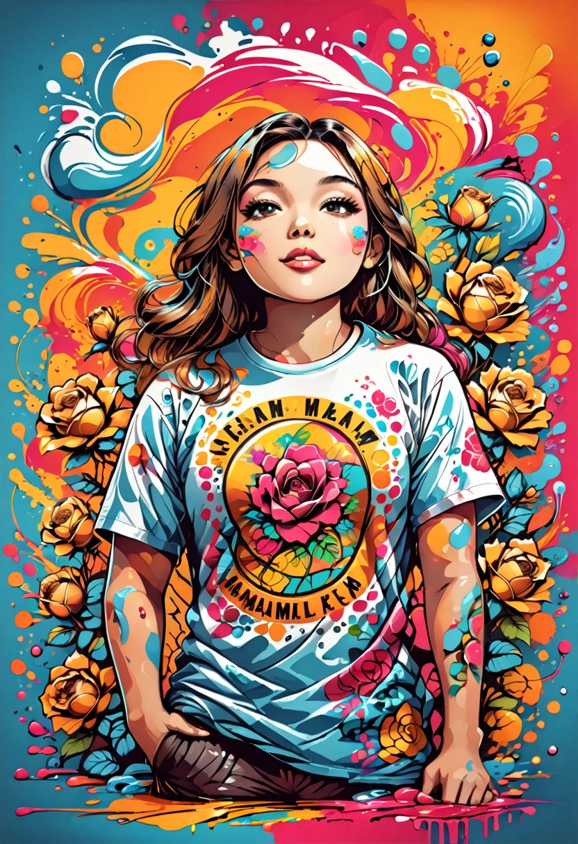 Designer t-shirt with colorful illustration with many roses, At the center, swirly vibrant colors, paint splashes and smears, t-shirt design with high detail, Hawaiian style background
