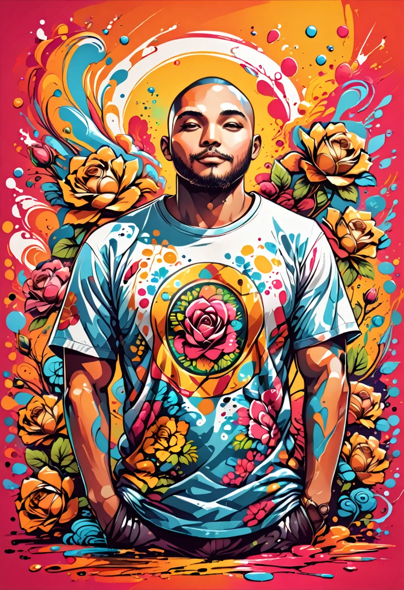 Designer t-shirt with colorful illustration with many roses, At the center, swirly vibrant colors, paint splashes and smears, t-shirt design with high detail, Hawaiian style background
