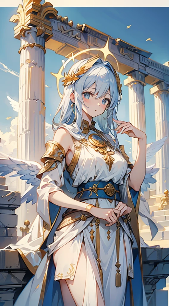 goddess，Fantasy style，Magic Style，Greek style，White gold color scheme，White and gold，goddess，Halo，Divinity，wing，wing，wing，wing，wing，Big breasts大屁股，Big breasts，Full figure，Royal sister，graceful，Noble temperament，robe，高开叉robe，Golden runes，Kingdom of Heaven background，Ancient Greek temple background，Close-up above the waist，Upper body close-up，Western style，Western style clothing，古希腊robe