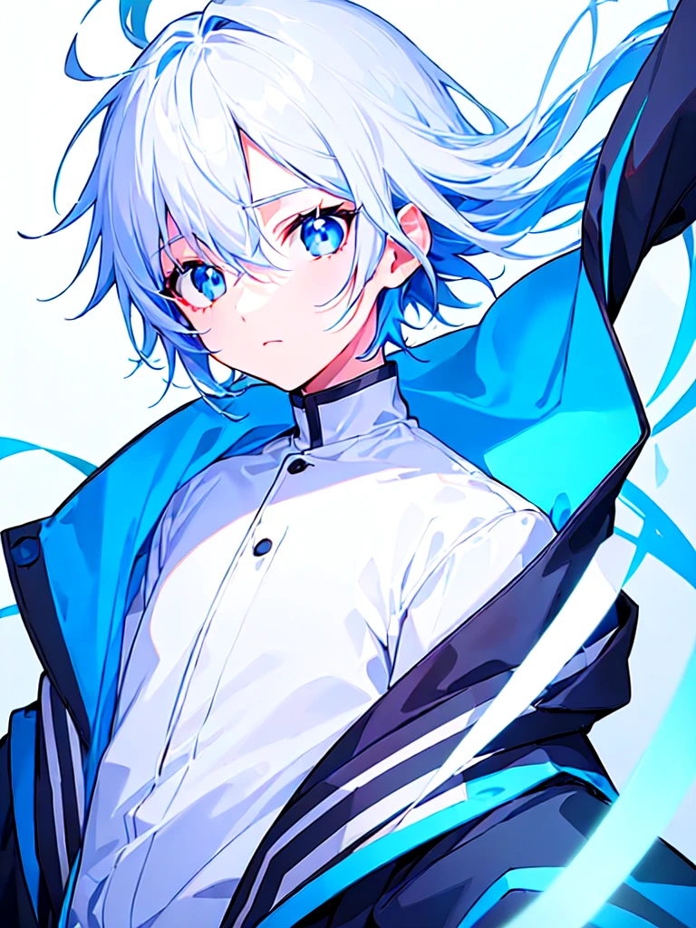 [(WHITE BACKGROUND:1.5),::5], ((((masterpiece)))), high quality, ultra very high resolution, full color, (((solo))), (( boy)), WHITE hair, ((Blue inner hair)), (Blue eyes), anime, ((upper body)), black parka, 