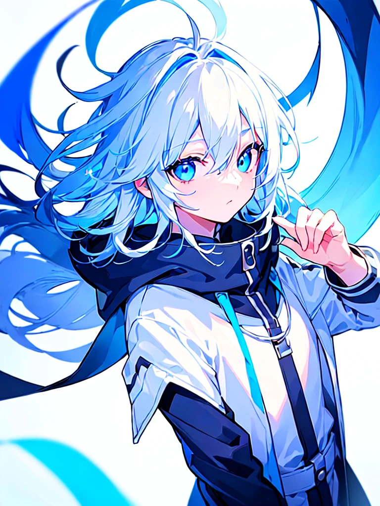 [(WHITE BACKGROUND:1.5),::5], ((((masterpiece)))), high quality, ultra very high resolution, full color, (((solo))), (( boy)), WHITE hair, ((Blue inner hair)), (Blue eyes), anime, ((upper body)), black parka, 